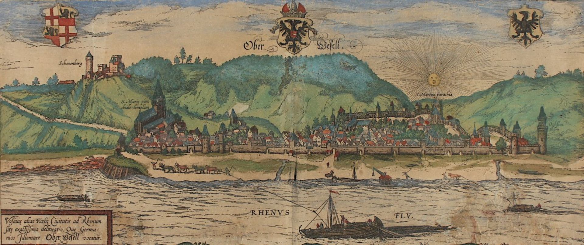 OBERWESEL, kolorierter Kupferstich, 19 x 42,5, M.MERIAN, um 1640, läs., R.- - -22.00 % buyer's - Bild 2 aus 2