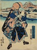 UTAGAWA KUNISADA (1786-1865), Schauspieler an bekannten Stätten, Schauspieler mit schwerem Gepäck,
