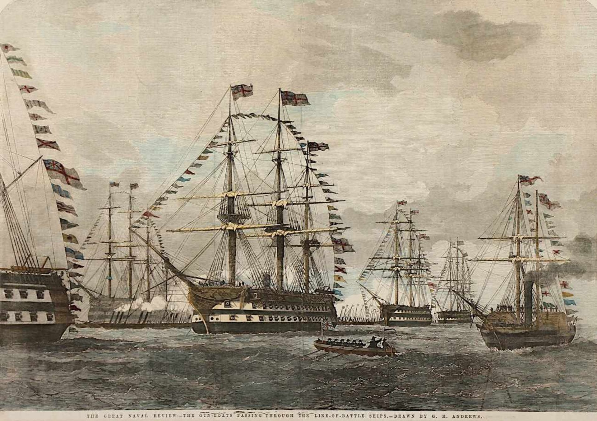 ENGLISCHE KRIEGSSCHIFFE, "The great naval review", kolorierter Holzstich, 35 x 51, um 1870, - Bild 2 aus 2