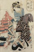 KIKUGAWA EIZAN (1787-1867), "Junge Frau und Waschbären", guter Druck und Farben, beschmutzt und
