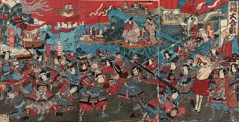KOKUNIMASA UTAGAWA (1874-1944), Triptychon, "Der Kampf zwischen den Sippen Minamoto und Taira",