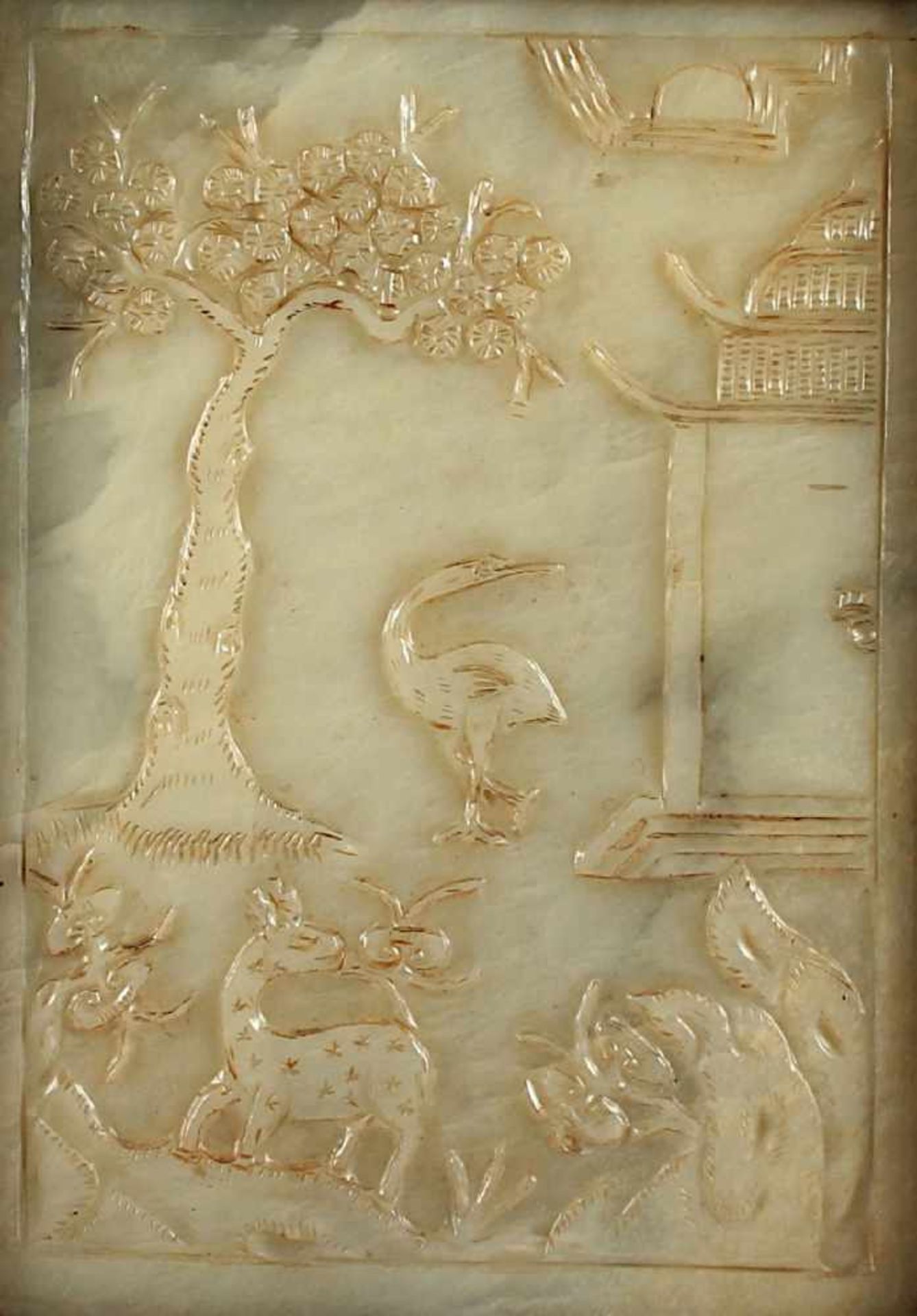 PANEEL, Jadeit, im erhabenen Relief geschnitzt, Holzrahmen, 39 x 30,5, CHINA- - -22.00 % buyer's - Bild 2 aus 2