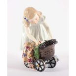 SELTENE JUGENDSTIL-FIGUR "MÄDCHEN MIT PUPPENWAGEN", farbig bemalt, H 13, Modellnr. W 124,