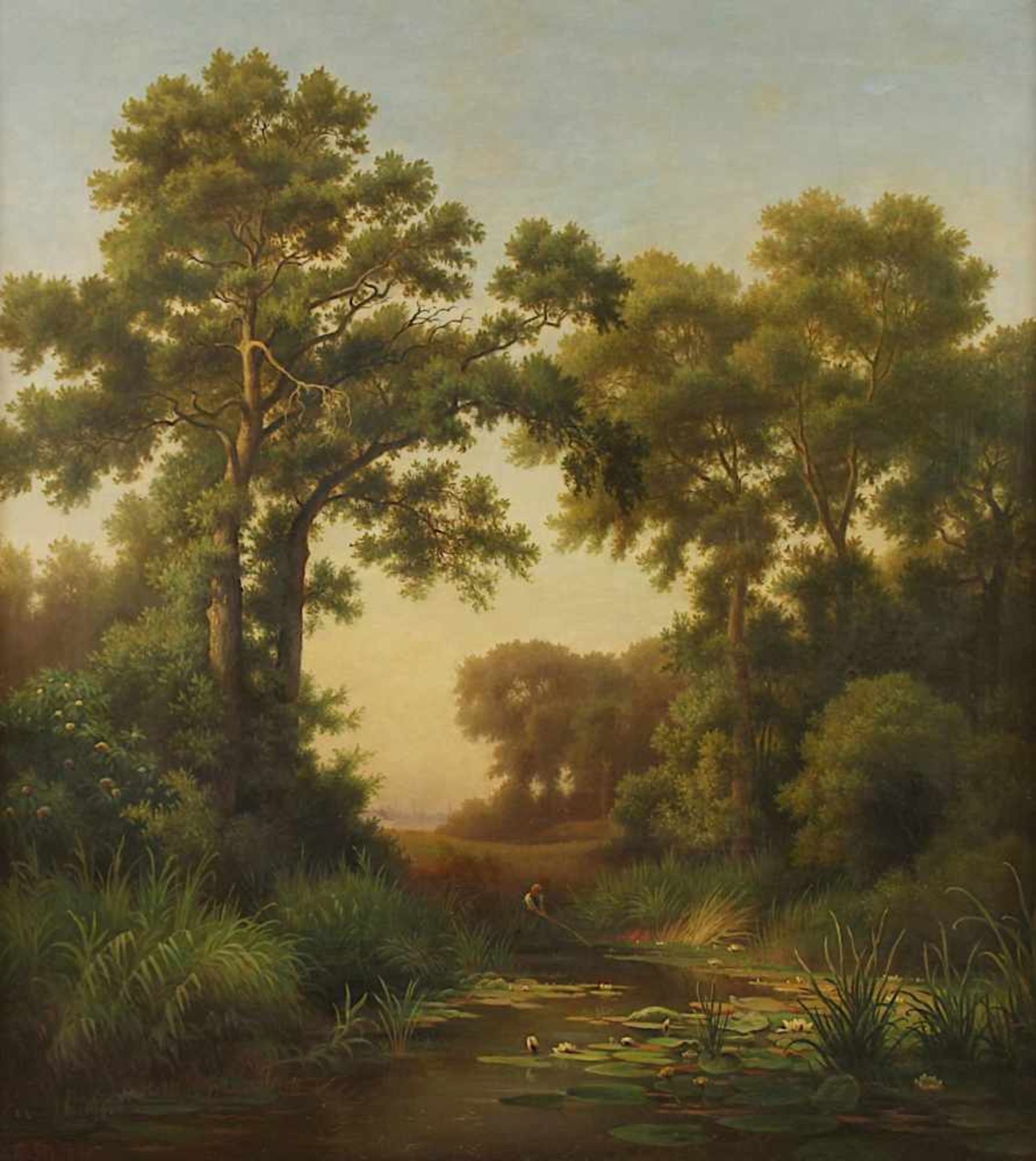 MONOGRAMMIST DES 19.JH., "Bewaldete Landschaft mit Angler und Teich", Öl/Lwd, 84 x 76, unten