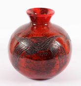 VASE, farbloses Glas mit farbigen Pulvereinschmelzungen, geätzter Vogeldekor, H 27, signiert LEGRAS,