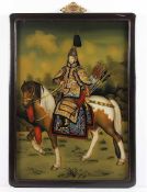 HINTERGLASBILD, Gouache auf Glas, Kaiser in Rüstung zu Pferd, Holzrahmen, 60 x 43,5, CHINA, 20.