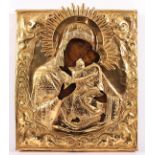 IKONE, "Gottesmutter mit Kind", Tempera/Holz, mit vergoldetem Messingoklad, 31 x 27, besch.,