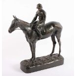 PARIS, René, "Jockey auf einem Pferd", Bronze, H 36, auf dem Sockel signiert, bez. "La Camargo",