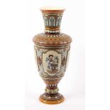 HISTORISMUS-VASE, Steinzeug, polychrom glasiert, Ritzdekor mit Blumen und Putten, H 36, Lippe min.