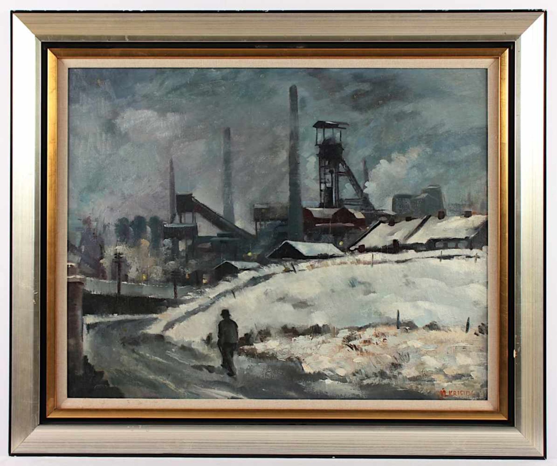 KRISTIN, Vladimir (1894-1970), "Arbeiter vor winterlicher Industrielandschaft", Öl/Lwd., 56 x 70,