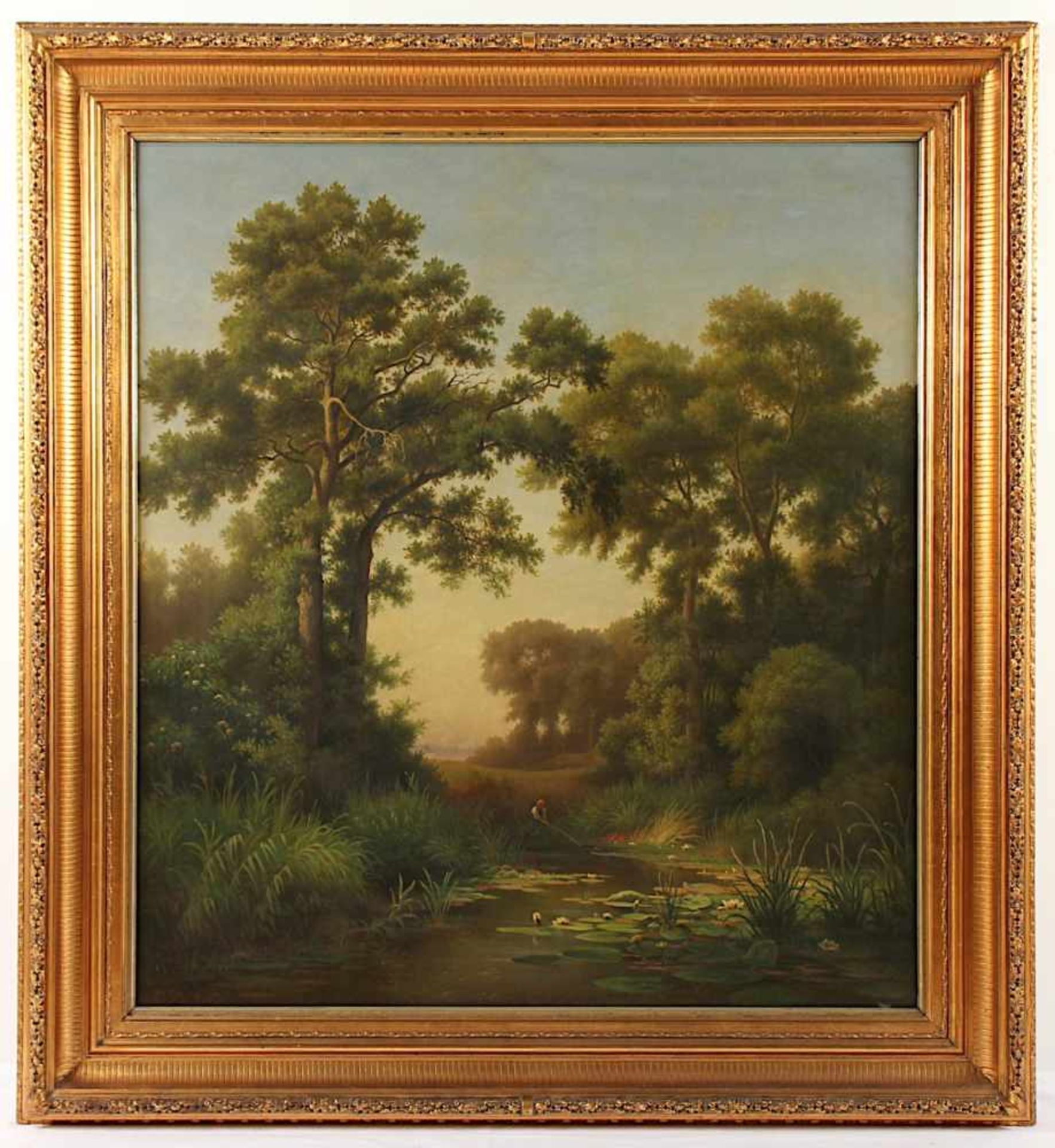 MONOGRAMMIST DES 19.JH., "Bewaldete Landschaft mit Angler und Teich", Öl/Lwd, 84 x 76, unten - Bild 2 aus 4