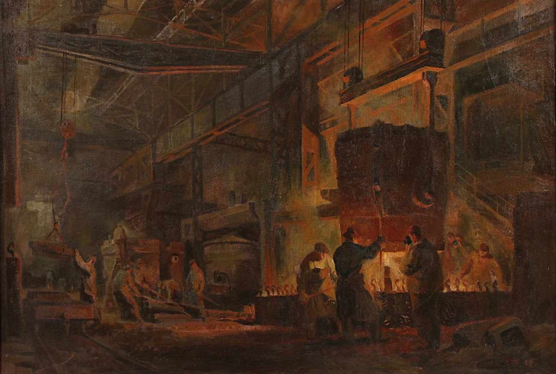 DRHA, Josef (1912-2009), "Arbeiter an den Schmelzöfen", Öl/Lwd., 70 x 100, unten rechts signiert und - Bild 2 aus 4