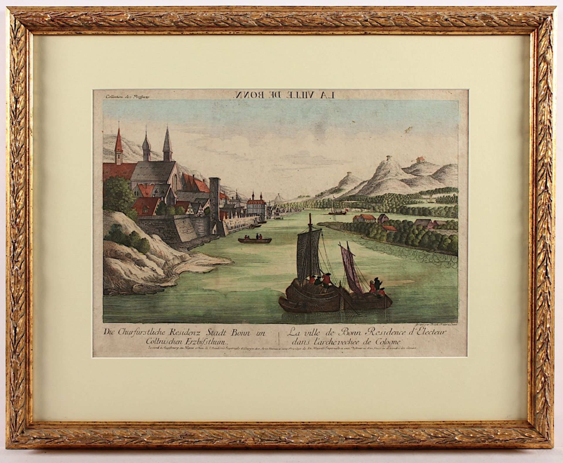 BONN, "La ville de Bonn", kolorierter Kupferstich, 25 x 39, von Balt. Frederic Leizel, 18.Jh., R.- -