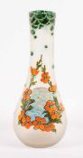 JUGENDSTIL-VASE, farbloses, graustichiges Glas, Blumendekor in polychromer, pastoser Emailmalerei