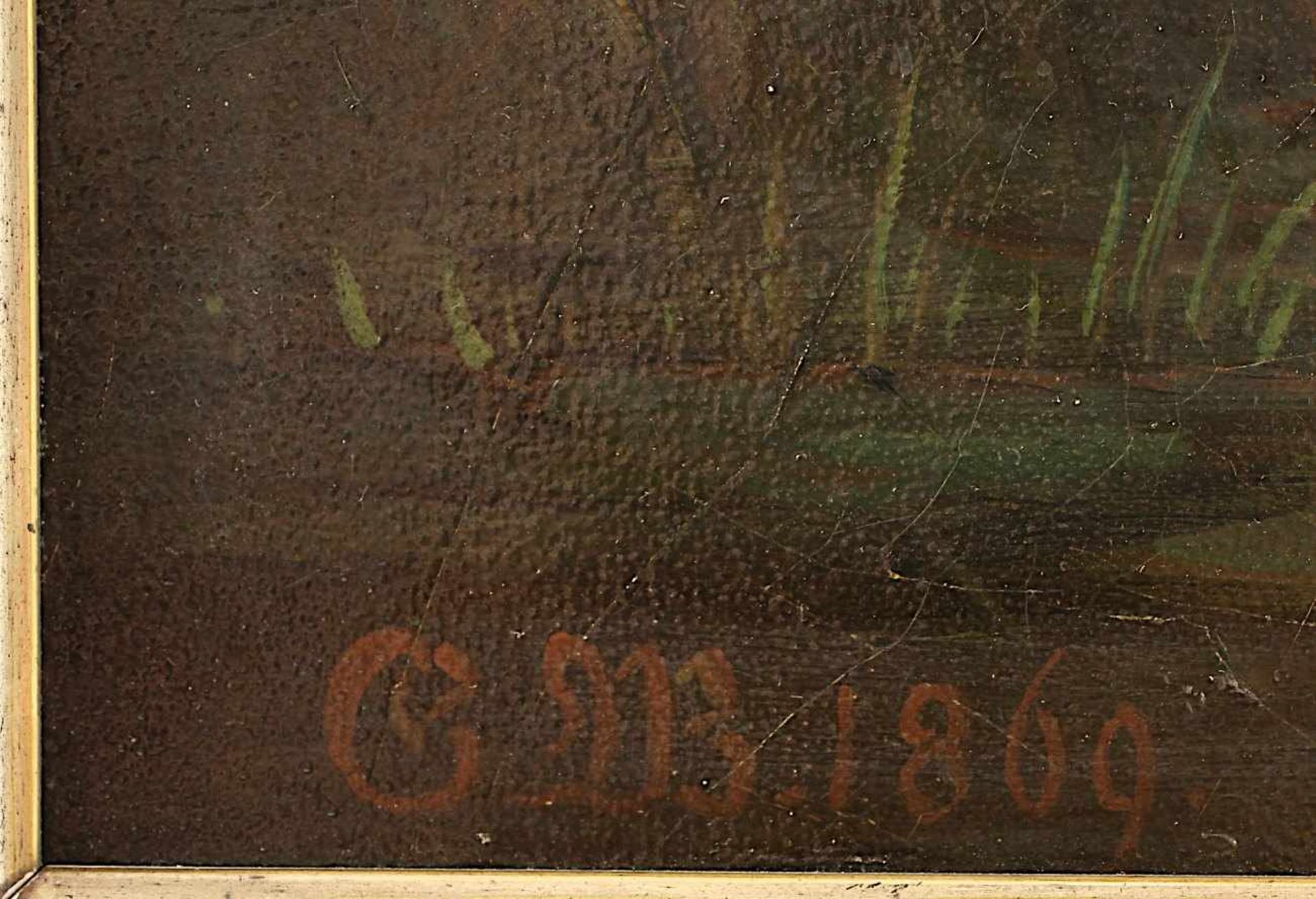 MONOGRAMMIST DES 19.JH., "Bewaldete Landschaft mit Angler und Teich", Öl/Lwd, 84 x 76, unten - Bild 3 aus 4