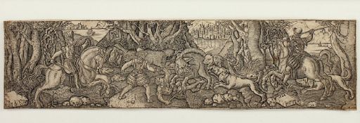 DE BRUYN, Abraham (1538 Antwerpen - 1587), "Wildschweinjagd zu Pferd", Original-Kupferstich, 4,5 x