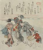 TOTOYA HOKKEI (1780-1850), ein Blatt aus der Serie "Kai zukushi", zwei Frauen, ein Mann und ein Kind