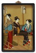 HINTERGLASBILD, Gouache auf Glas, drei junge Frauen im japanischen Stil, Holzrahmen, 71,5 x 59,