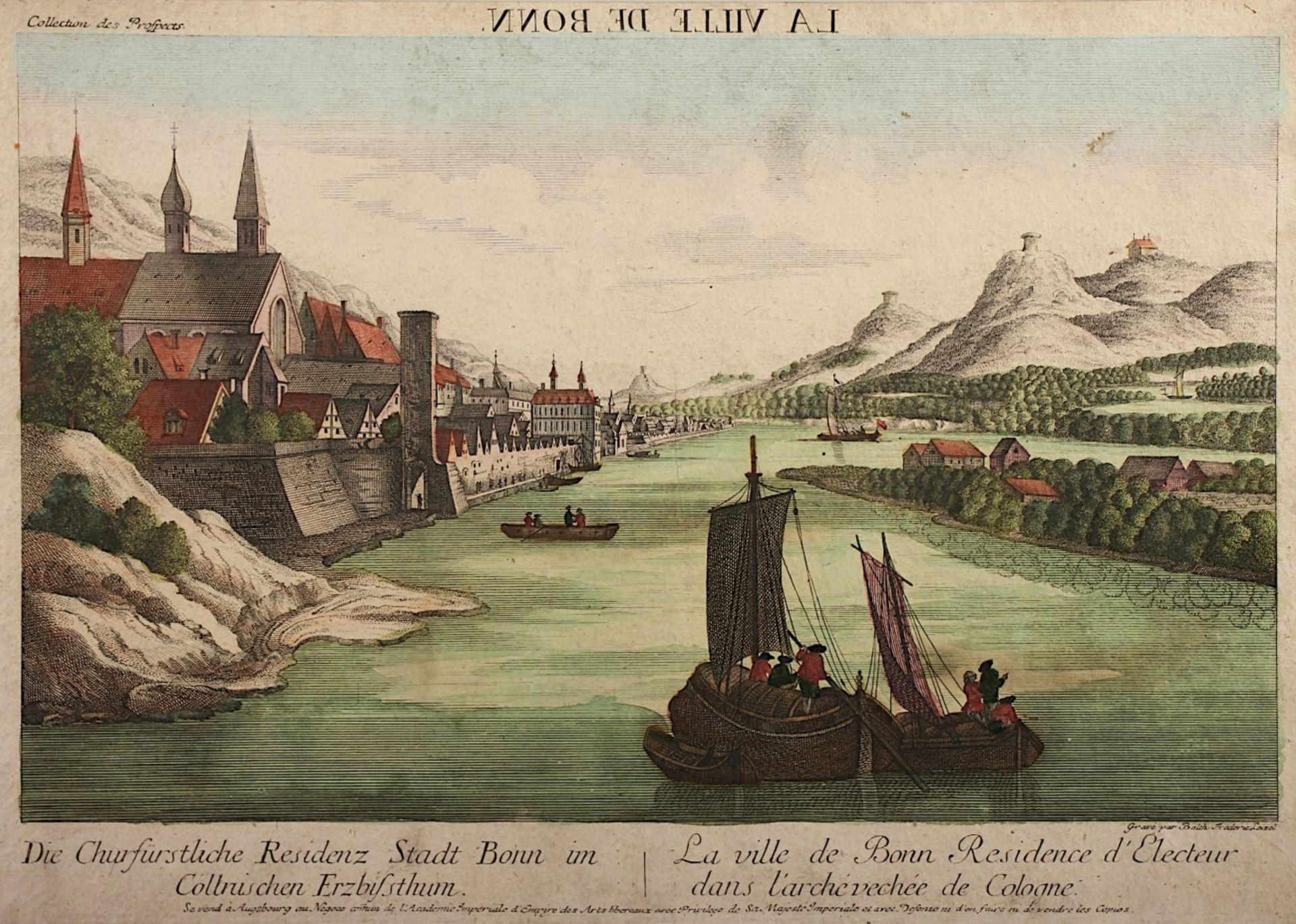 BONN, "La ville de Bonn", kolorierter Kupferstich, 25 x 39, von Balt. Frederic Leizel, 18.Jh., R.- - - Bild 2 aus 2