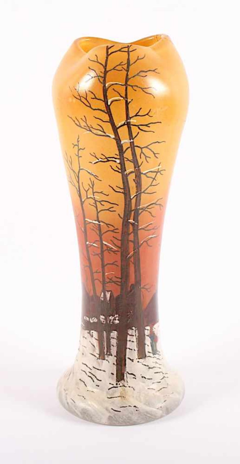 PAYSAGE DE VERRE-VASE, farbloses Glas, orange überfangen im Verlauf, umlaufend Winterlandschaft in