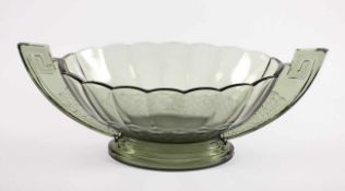 ART DECO-JARDINIERE, farbloses Glas, flaschengrün getönt, L 33, min.besch., VAL SAINT LAMBERT,