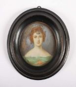 MINIATUR-PORTRAIT, Gouache auf Karton, Brustportrait einer Frau, H 6, ebonisierter Holzrahmen, 19.