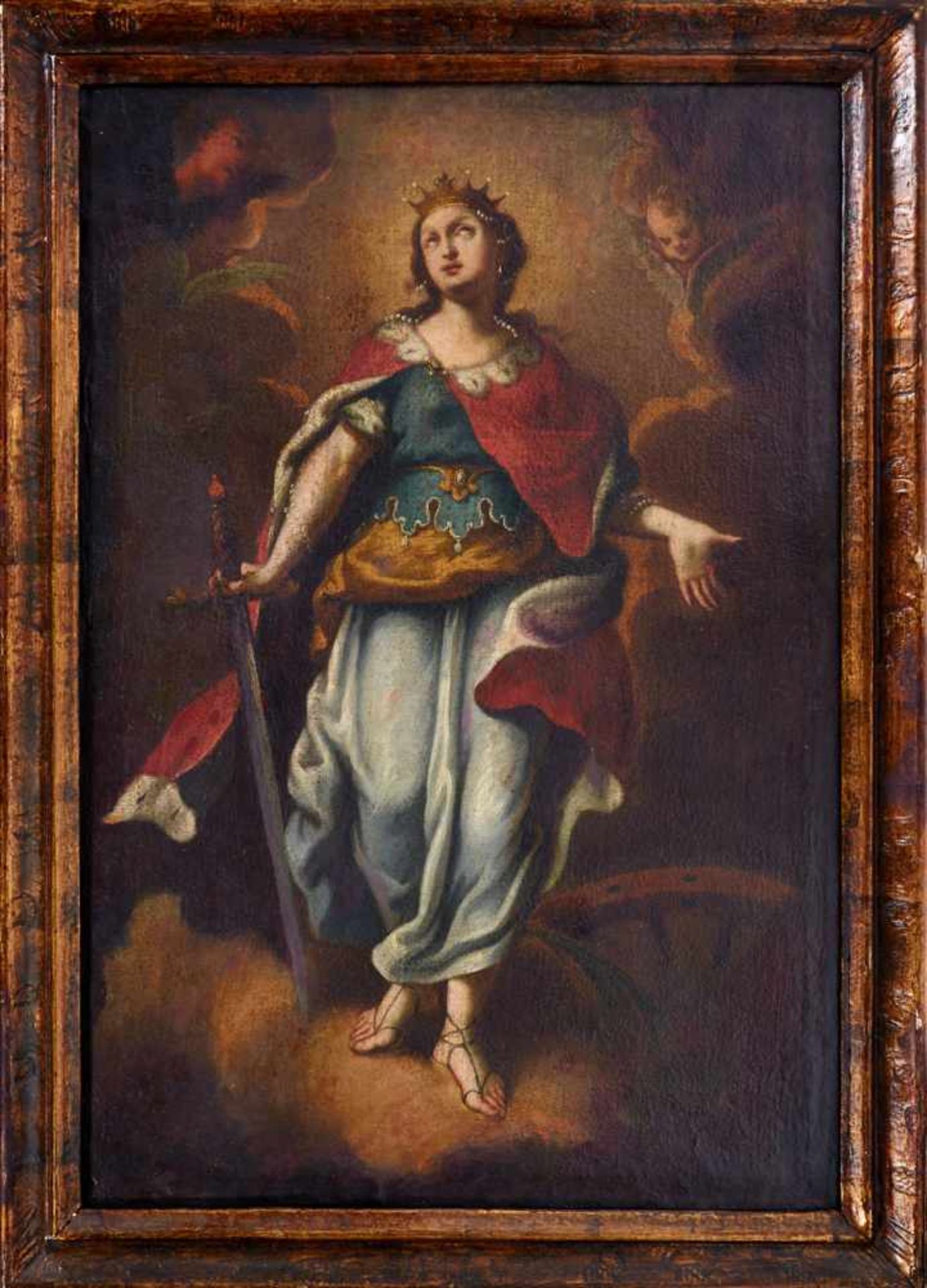 Katharina von Alexandria - Die stehende Heilige mit ihren Attributen undzwei Puttenköpfen, von