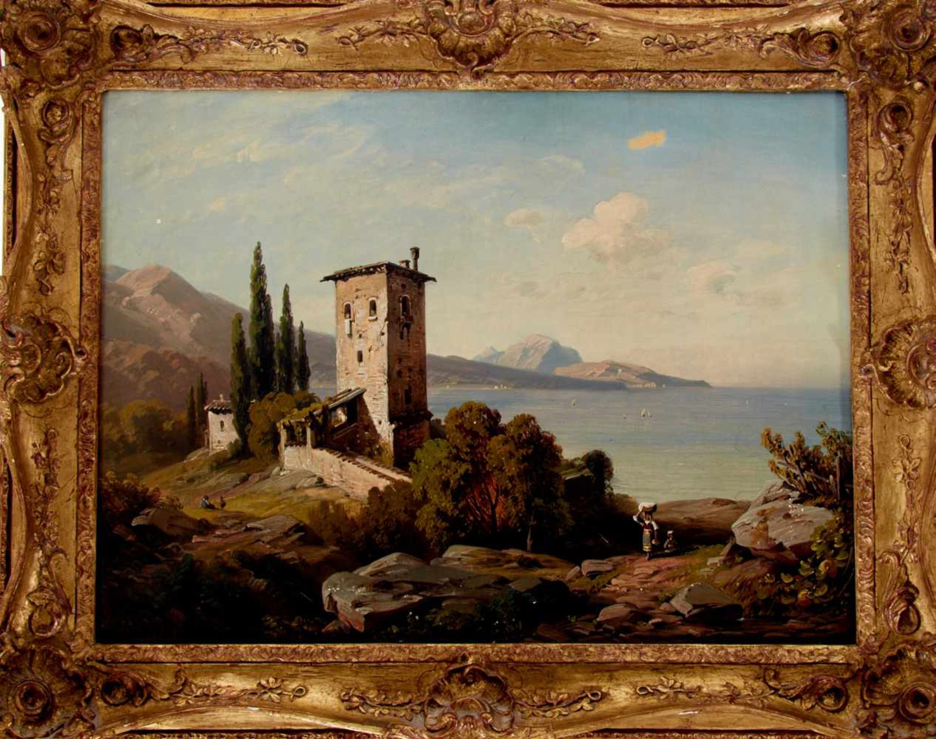 Seidel, August (München 1820-1904 ebda.),Italienische Küstenlandschaft mit Gebäude. Öl auf Leinwand.