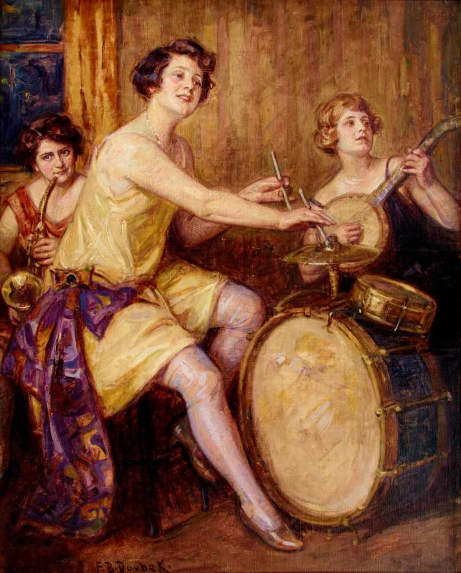 Doubek, Frantisek Bohumil (Budweis 1865-1952 Novy Jicín),Weibliches Jazztrio. Öl auf Leinwand. - Bild 2 aus 2