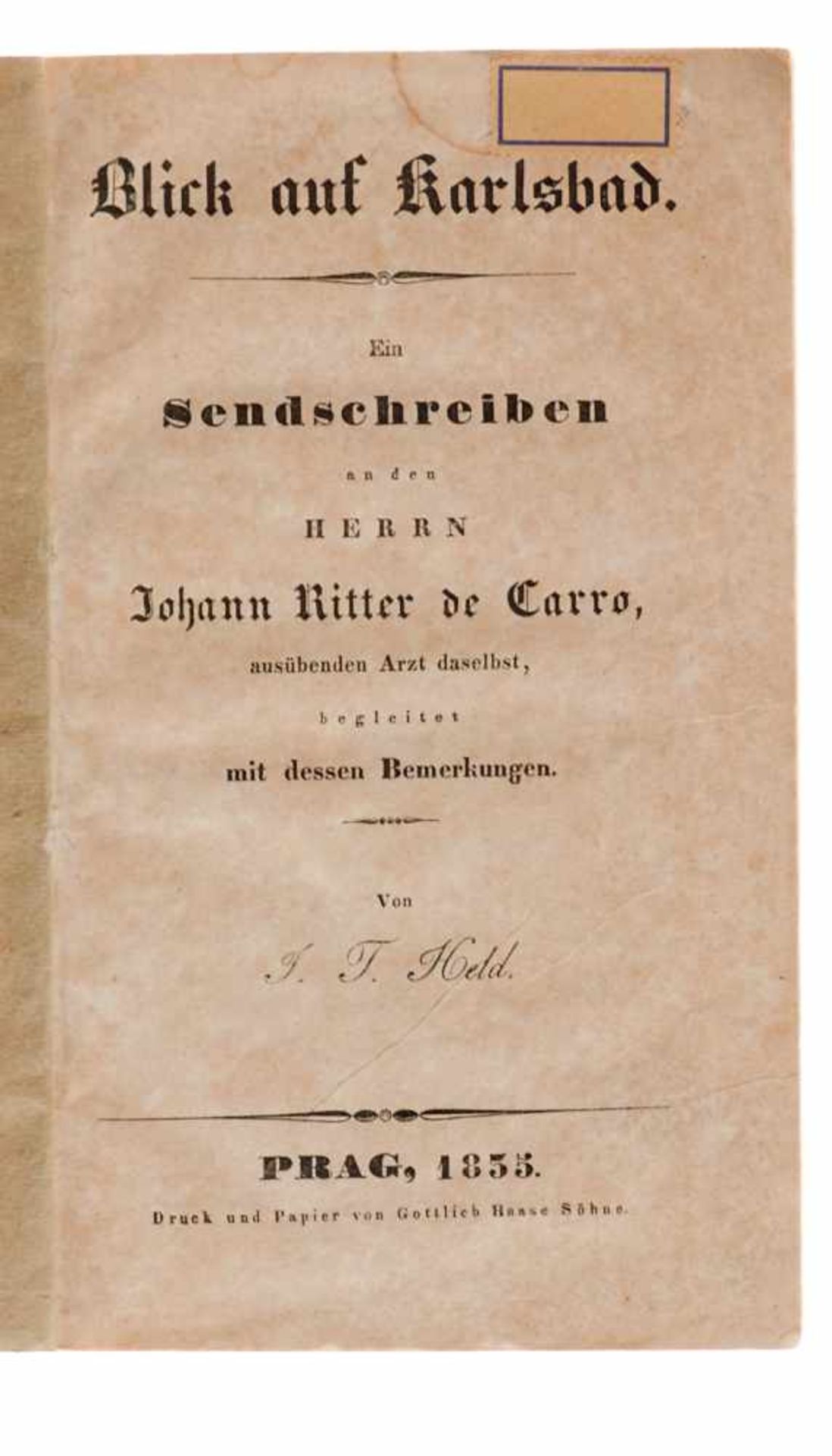 Böhmen und Mähren - Karlsbad Widmungsexemplar Carro, J. de, Ode latine sur Carlsbad, composée vers - Bild 2 aus 3