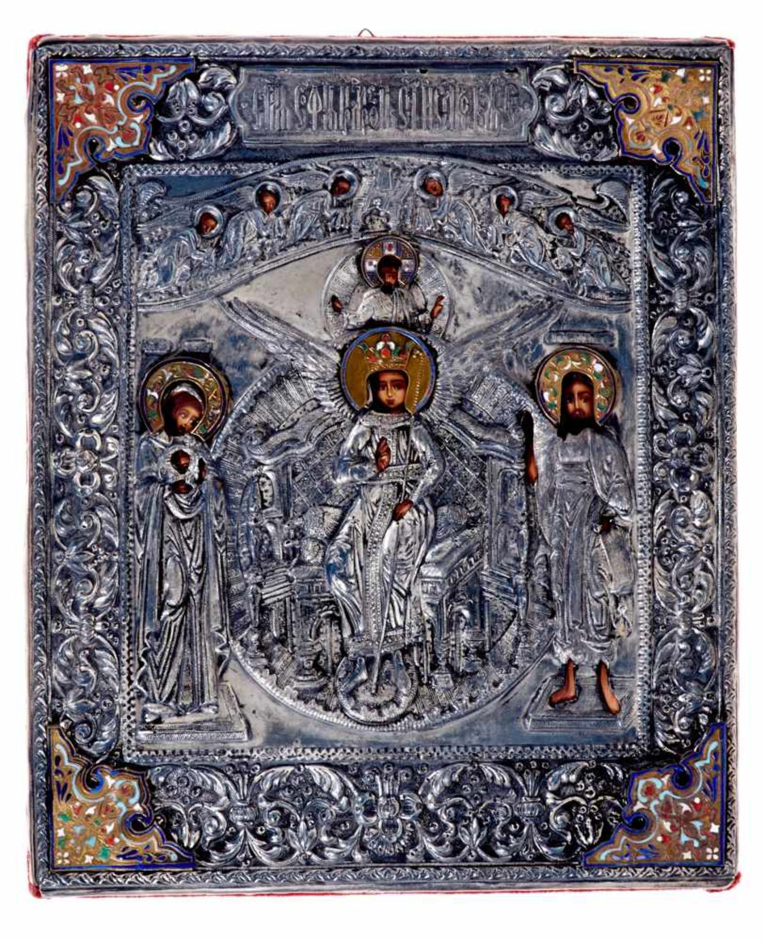 Andachtsbilder Ikone - Gottesmutter, flankiert von Anna und Johannes demTäufer mit Oklad und