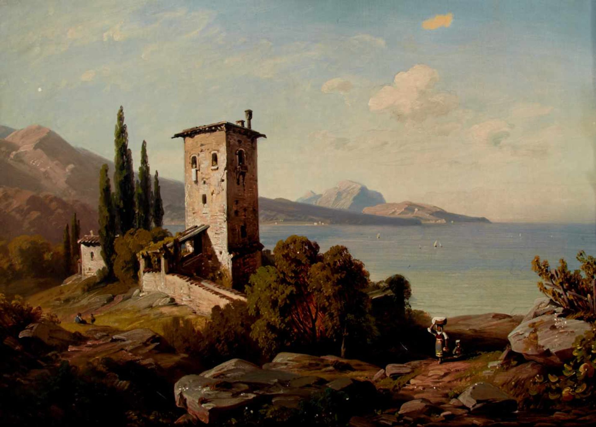 Seidel, August (München 1820-1904 ebda.),Italienische Küstenlandschaft mit Gebäude. Öl auf Leinwand. - Bild 2 aus 2