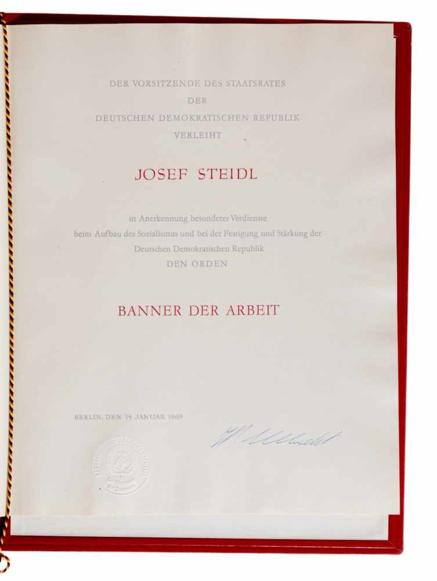 Ulbricht, W., Politiker (1893-1973).Urkunde mit e. U. Dat. Berlin, 14. 1. 1969. Fol. Eine Seite. - - Bild 2 aus 2