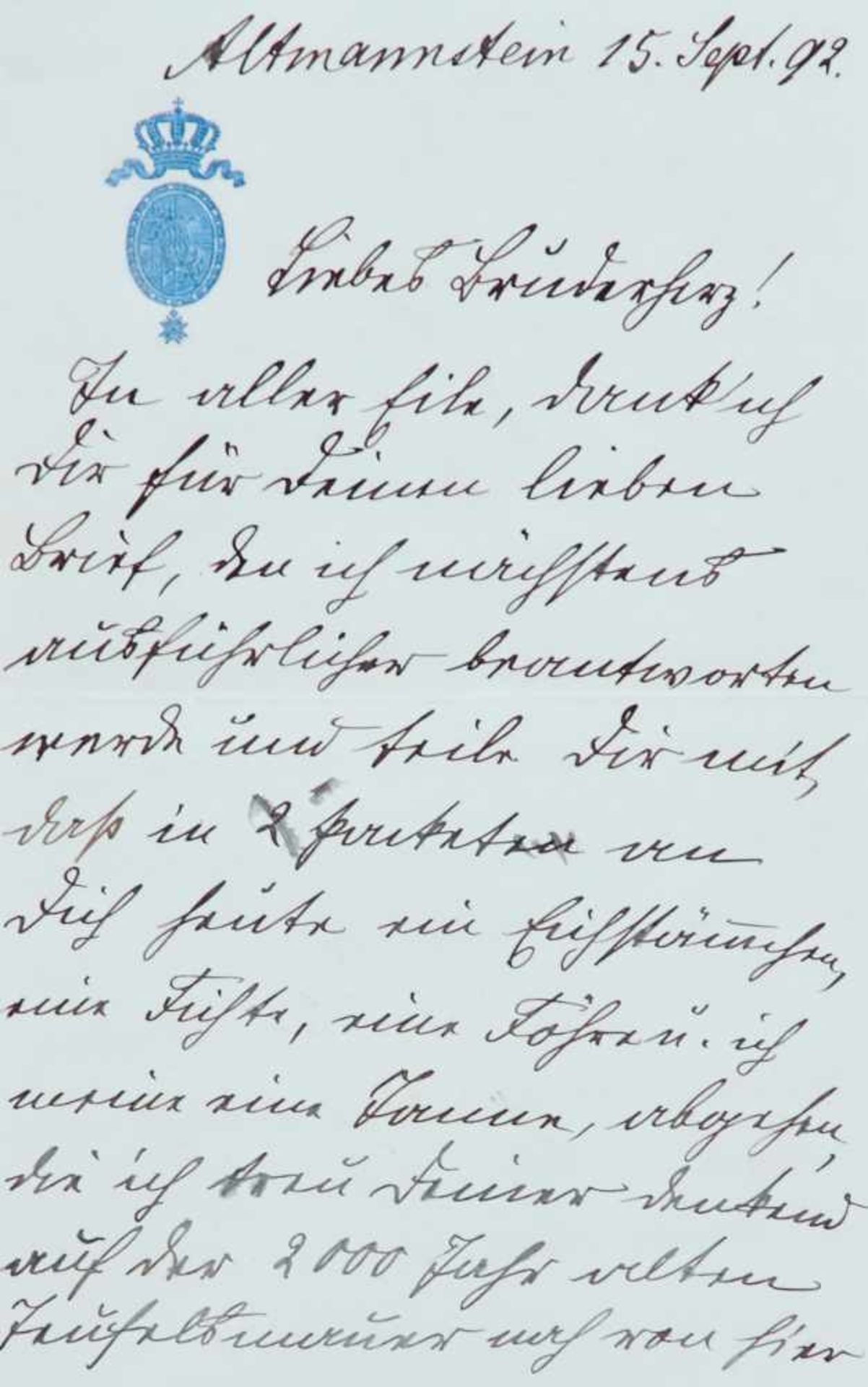 Alfons von Bayern, königlicher Prinz (1862-1933).E. Brief mit U. Dat. Altmannstein, 15. 9. (18)92. 2