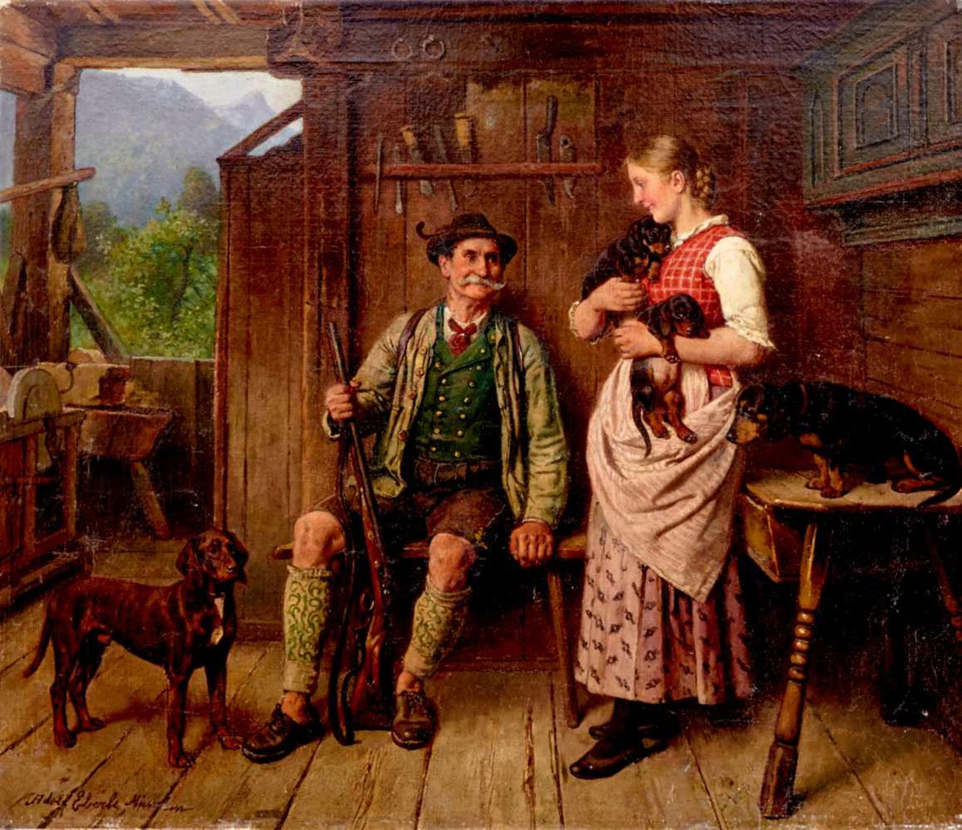 Eberle, Adolf (München 1843-1914 ebda.), Jäger mit Vorstehhundzu Besuch bei junger Frau mit