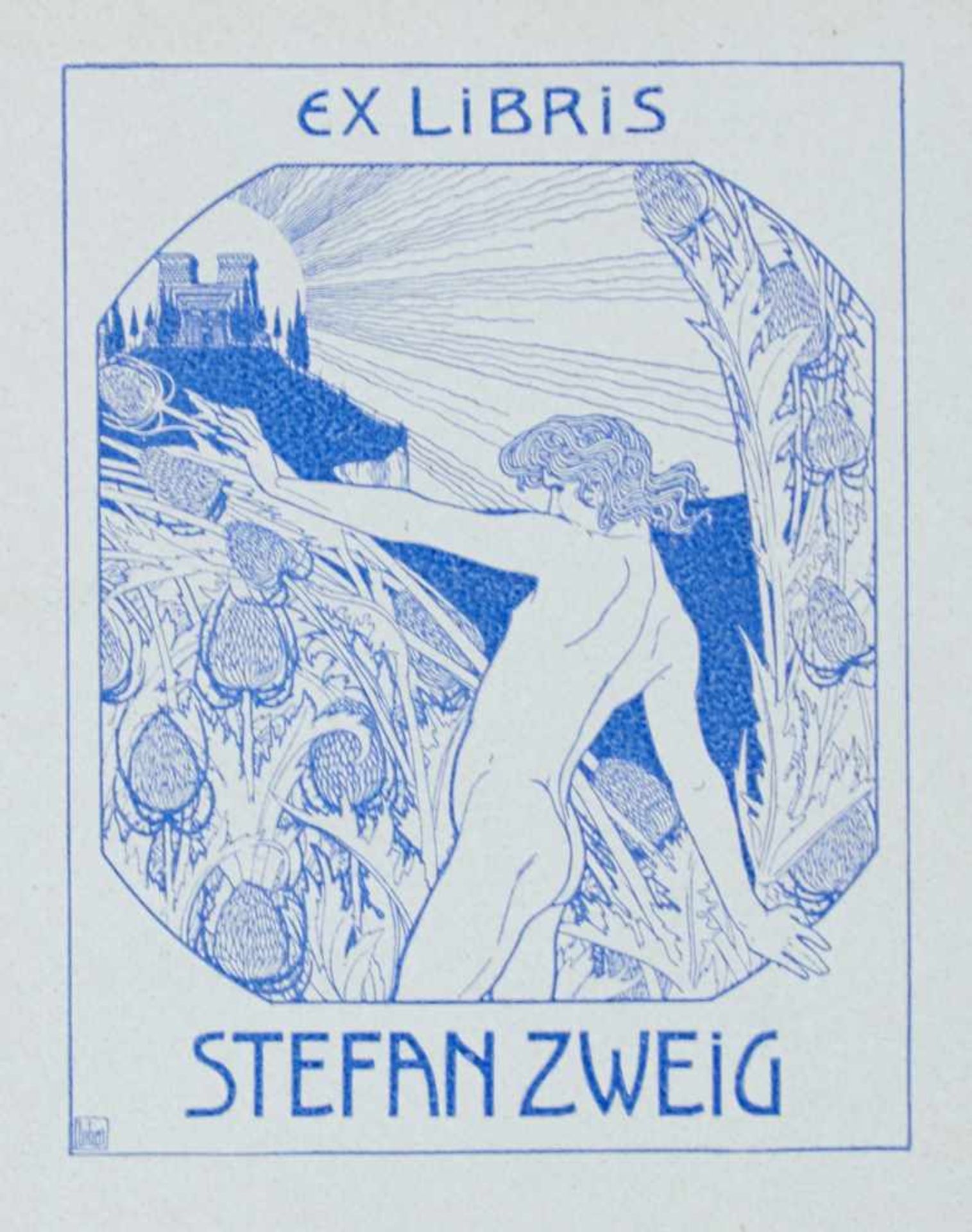Exlibris Zweig Lilien, E. M., Exlibris für Stefan Zweig.1902. Druck in Blau. Bildgr.: 7,8 x 6 cm;