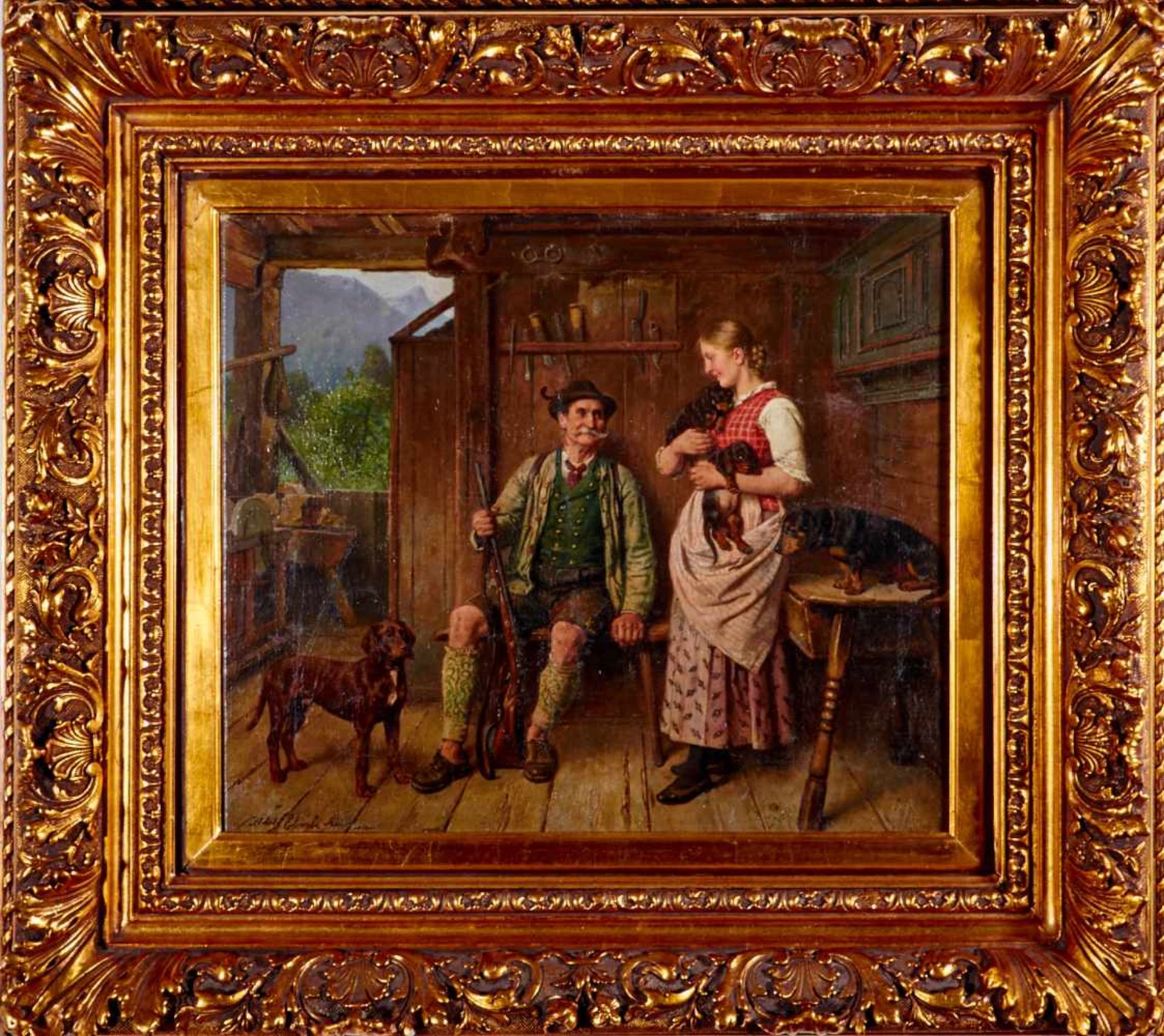 Eberle, Adolf (München 1843-1914 ebda.), Jäger mit Vorstehhundzu Besuch bei junger Frau mit - Bild 4 aus 4