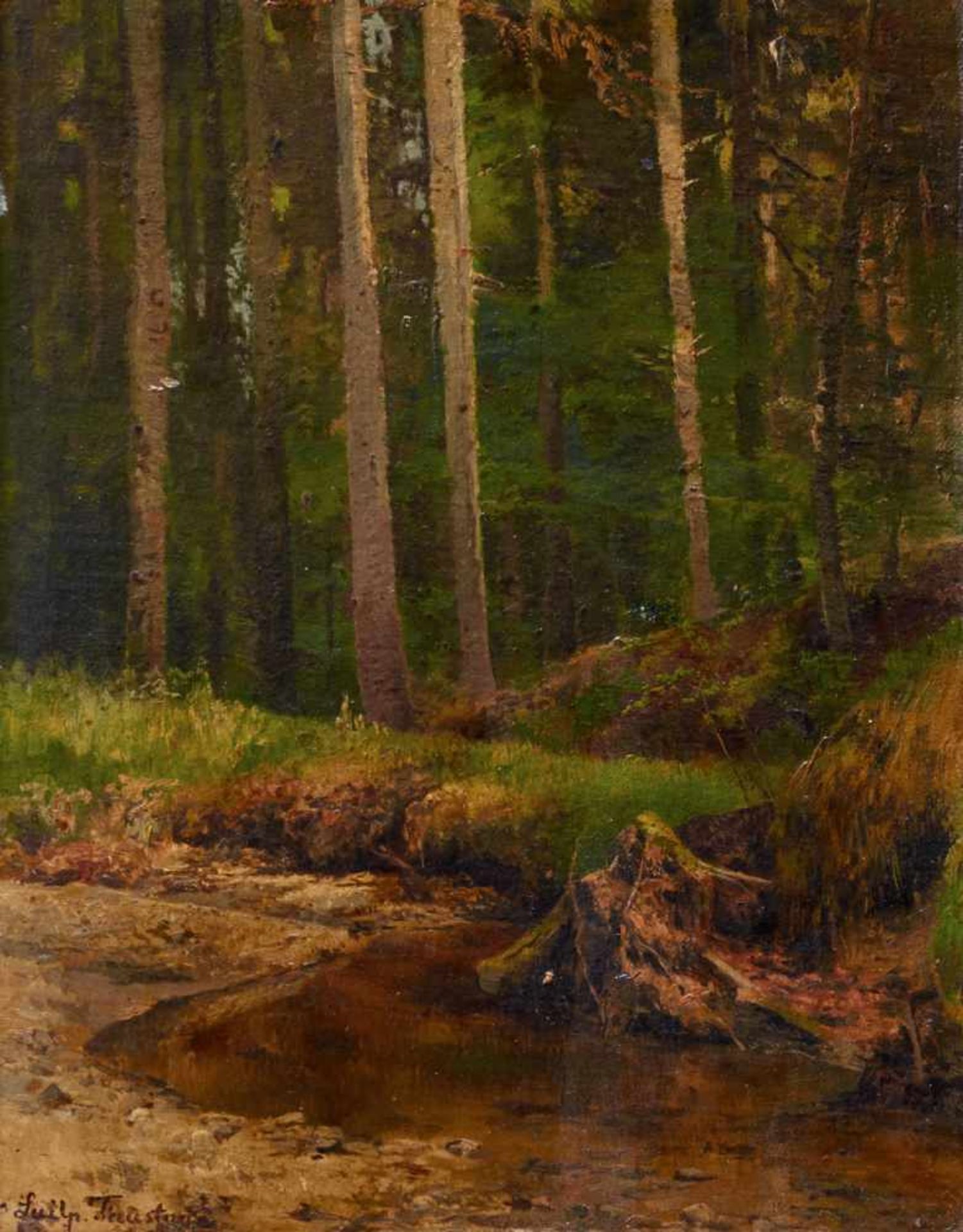 Faustner, Luitpold (München 1845-1925),Waldstück. Öl auf Leinwand, auf Hartfaserplatte aufgezogen.