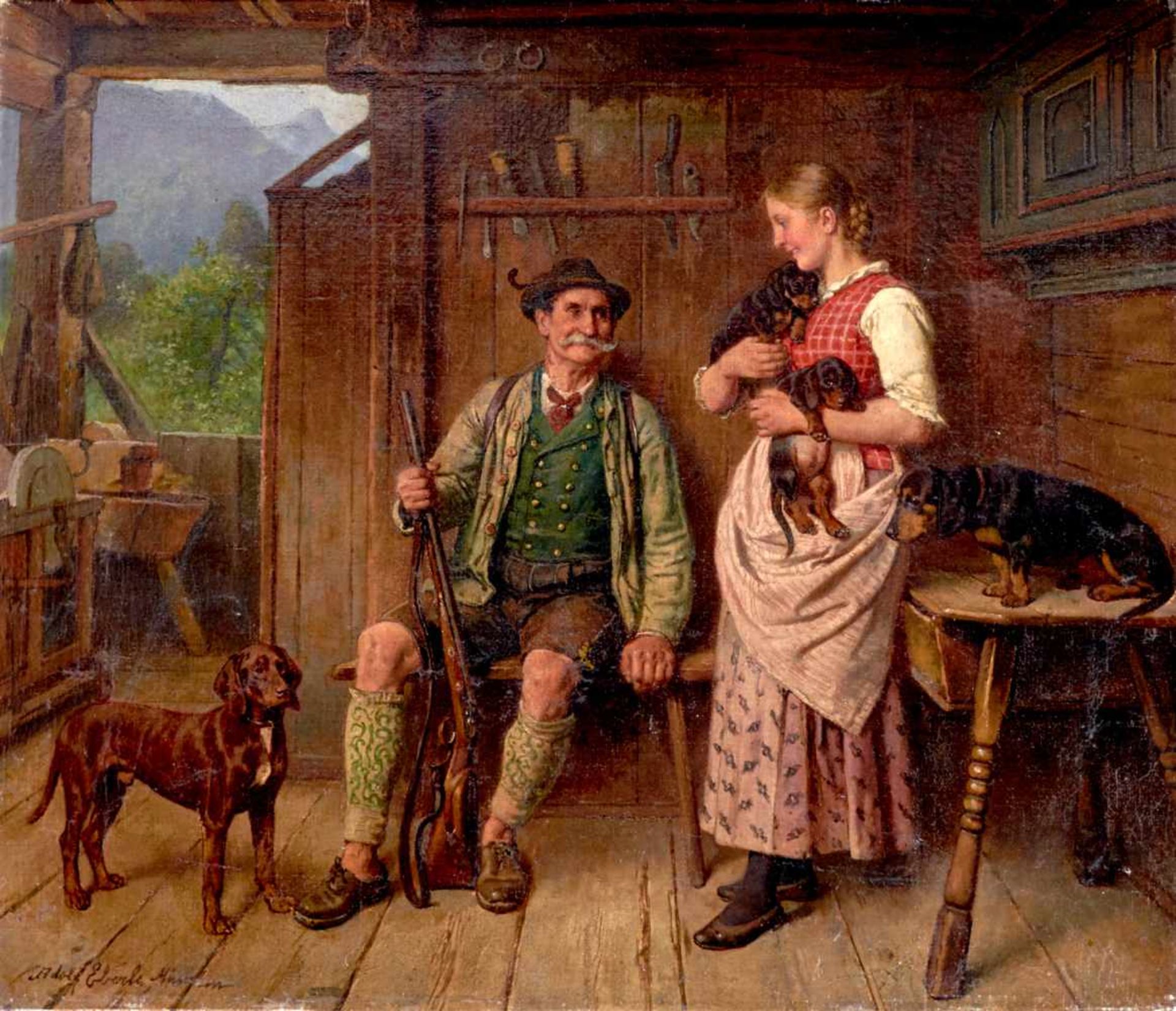 Eberle, Adolf (München 1843-1914 ebda.), Jäger mit Vorstehhundzu Besuch bei junger Frau mit - Bild 2 aus 4