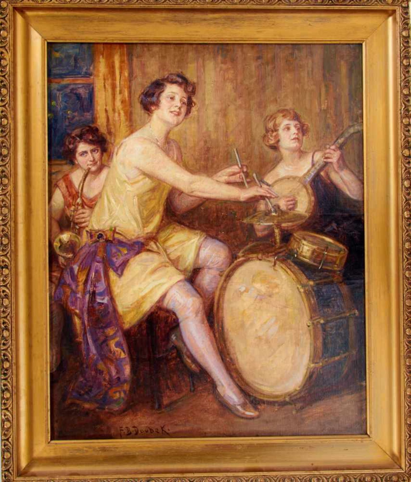 Doubek, Frantisek Bohumil (Budweis 1865-1952 Novy Jicín),Weibliches Jazztrio. Öl auf Leinwand.