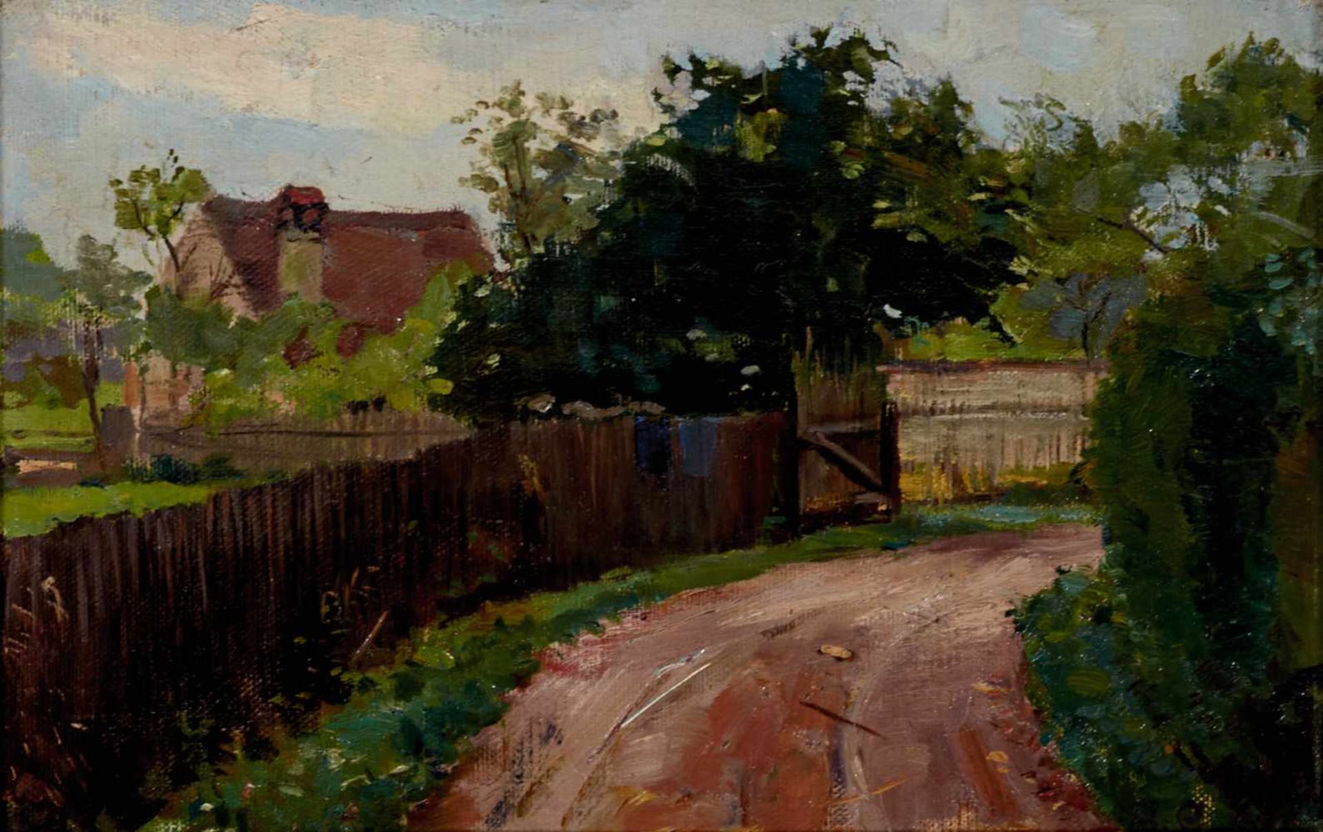 Groeber, Hermann (Wartenberg 1865-1935 Gstadt am Chiemsee),Bäuerliche Landschaft. Öl auf Leinwand.