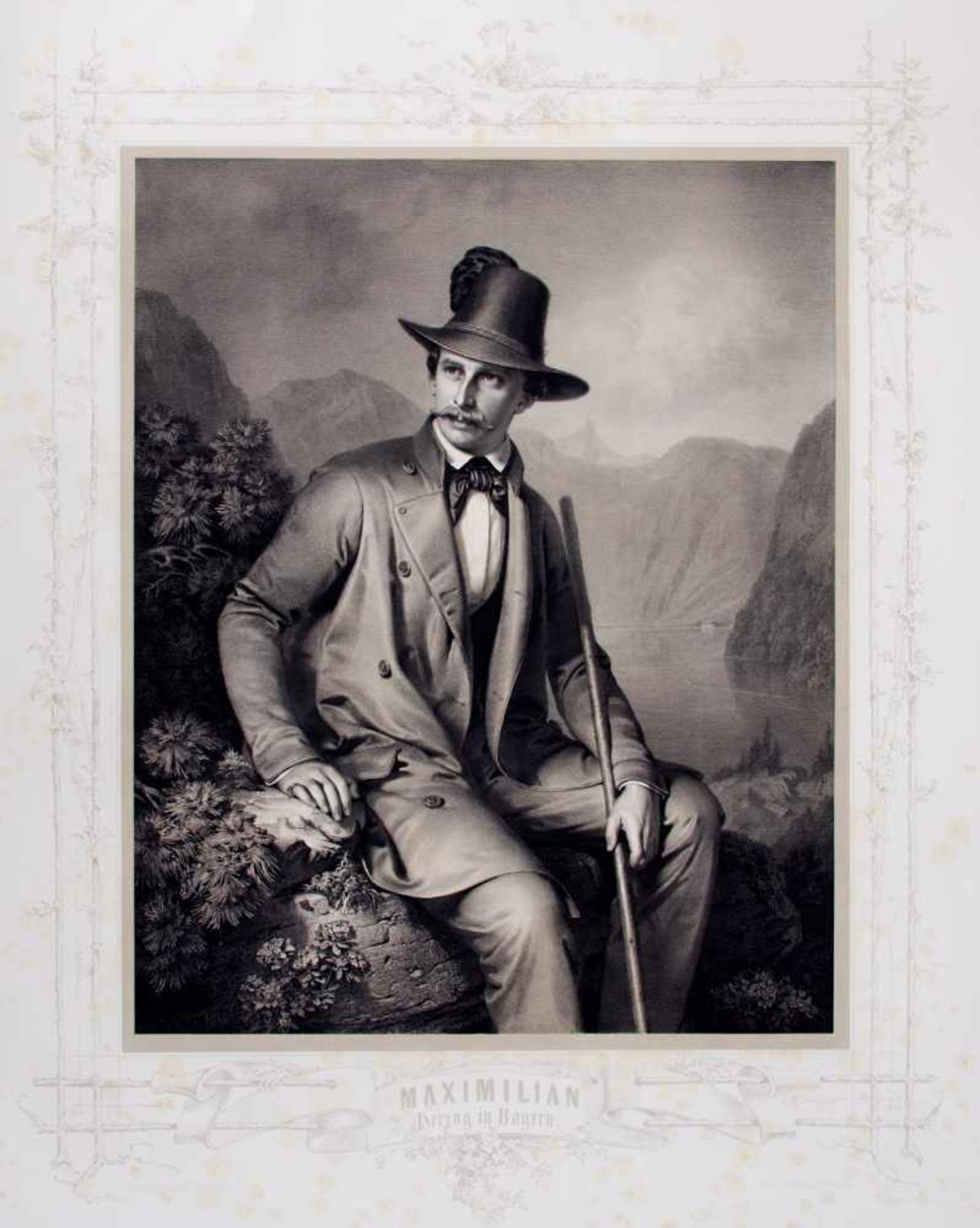 Porträts - "Maximilian Herzog in Bayern".Kniestück. Getönte Lithographie von E. Correns, bei