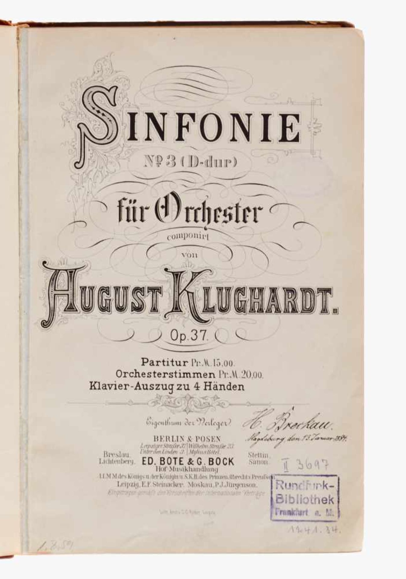 Klughardt, A.,Sinfonie No. 3 (D-Dur) für Orchester. Op. 37. Partitur. Berlin, Posen u. a., Bote - Bild 2 aus 3