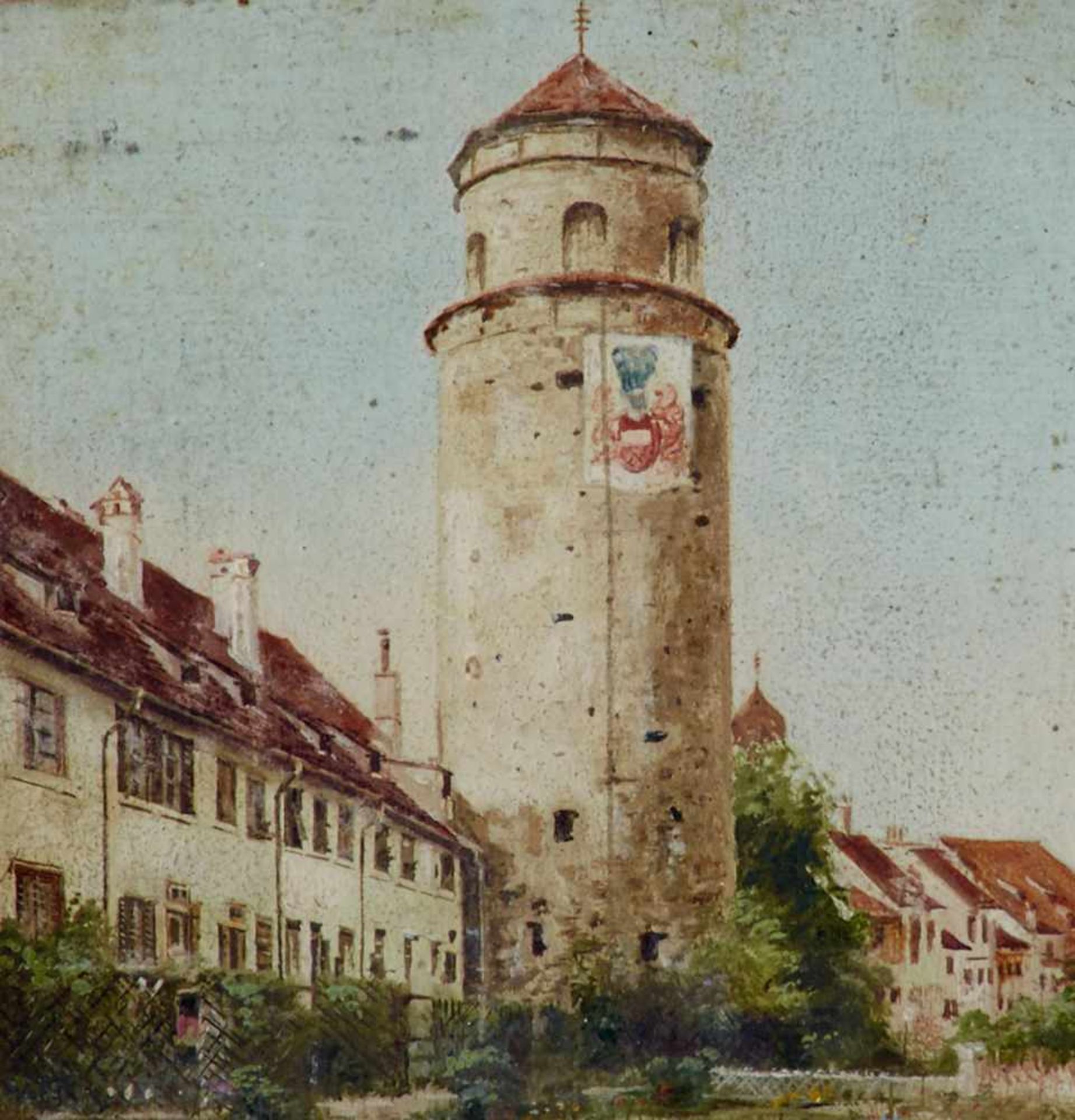 Österreich - Feldkirch -Katzenturm. Öl auf Karton, von J. Frenes, um 1900. 9,8 x 9 cm. - Auf
