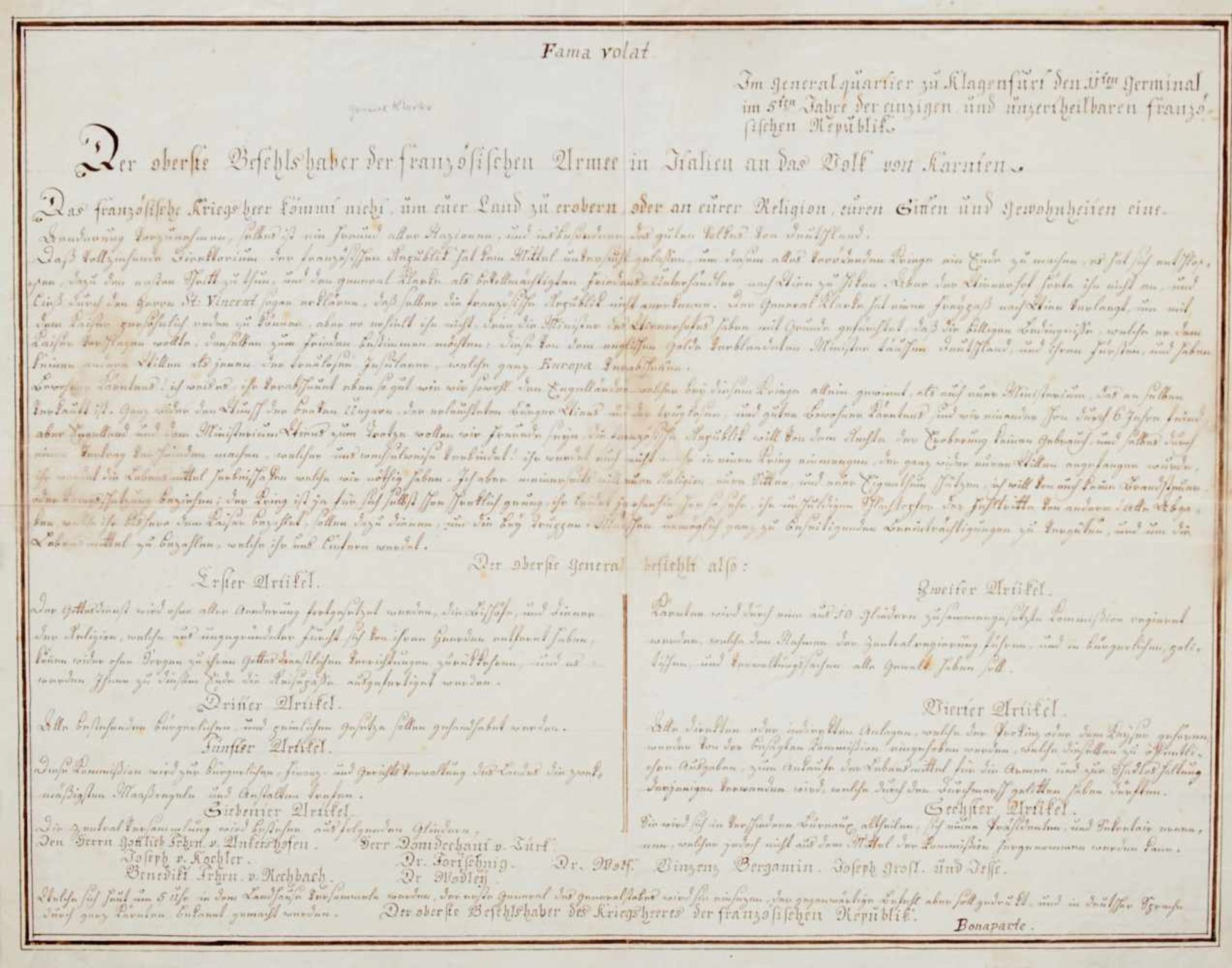 Kärnten - Kalligraphierte Abschrift der Proklamation von Napoleon an das Volk von Kärnten am 31.