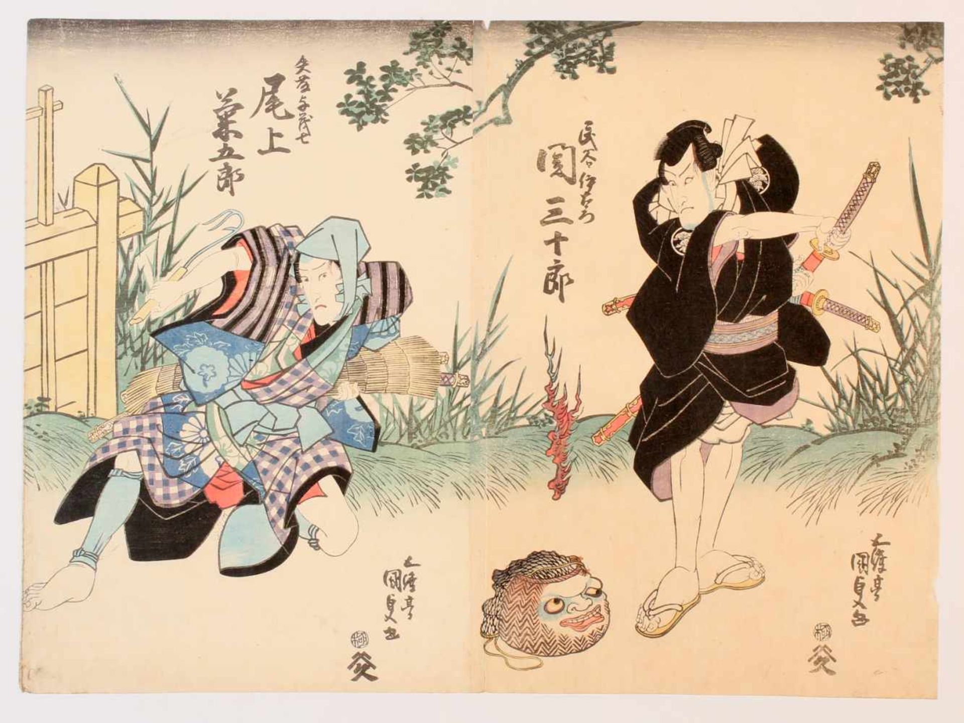 Japanischer Farbholzschnitt - Utagawa Kunisada (1786-1865)Auf Papier, Kabuki Theater-Kampfszene,