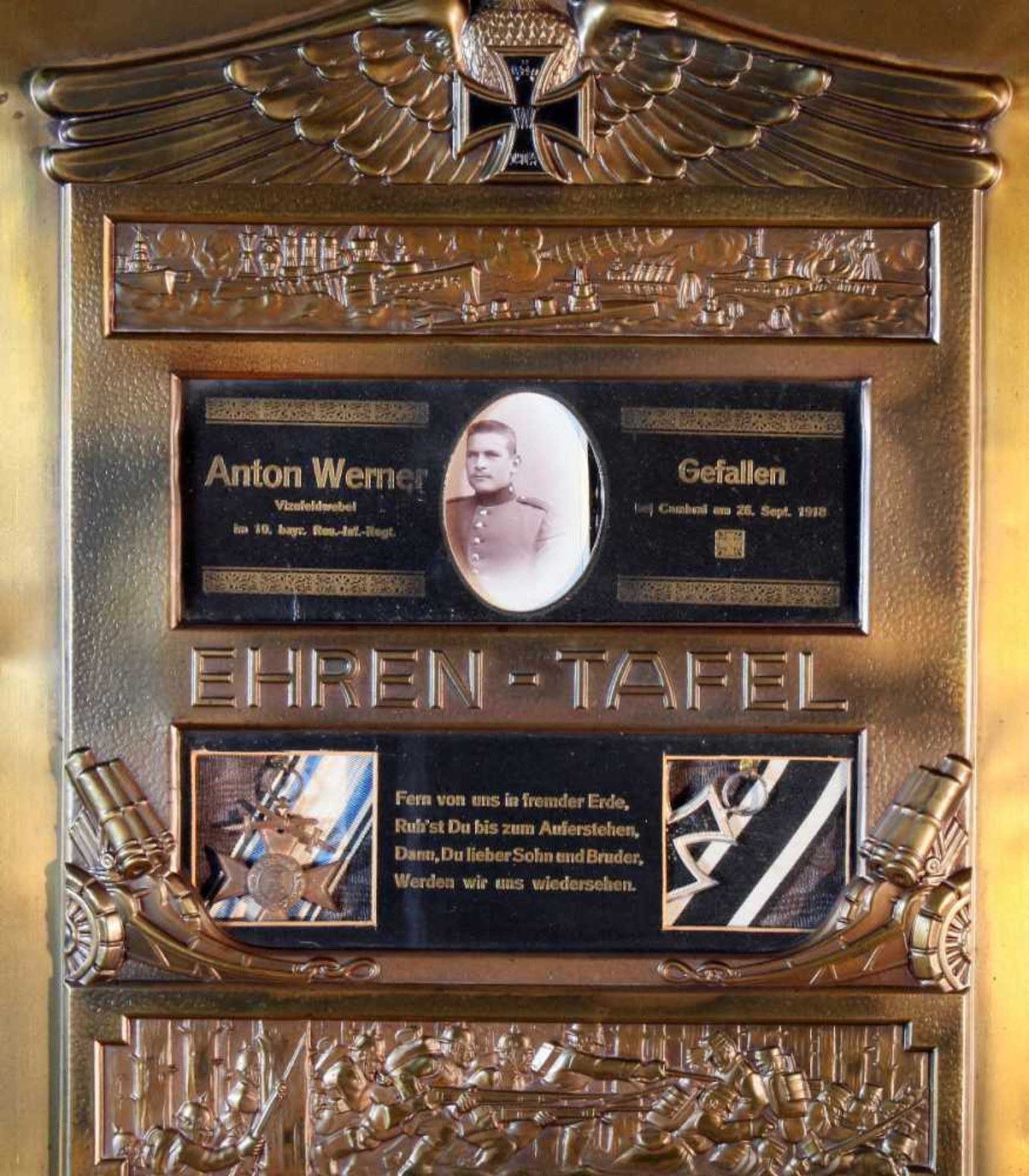 1. Weltkrieg - Gefallenen Ehrentafel Vizefeldwebel Anton WernerAufwendig staffierte, reliefierte - Bild 2 aus 2