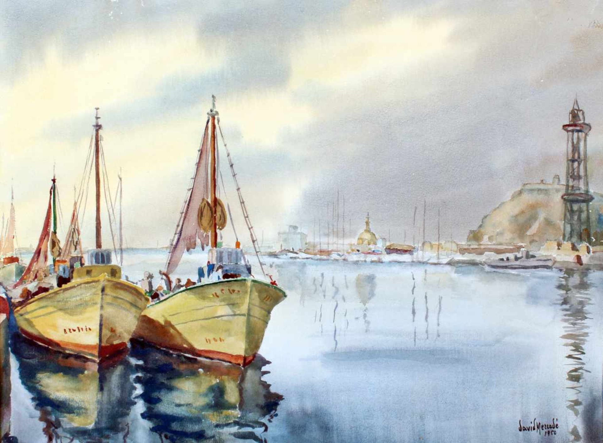 "Fischerboote im Hafen" - David Mercadé Recasens (20. Jahrhundert)Aquarell auf Papier, unten