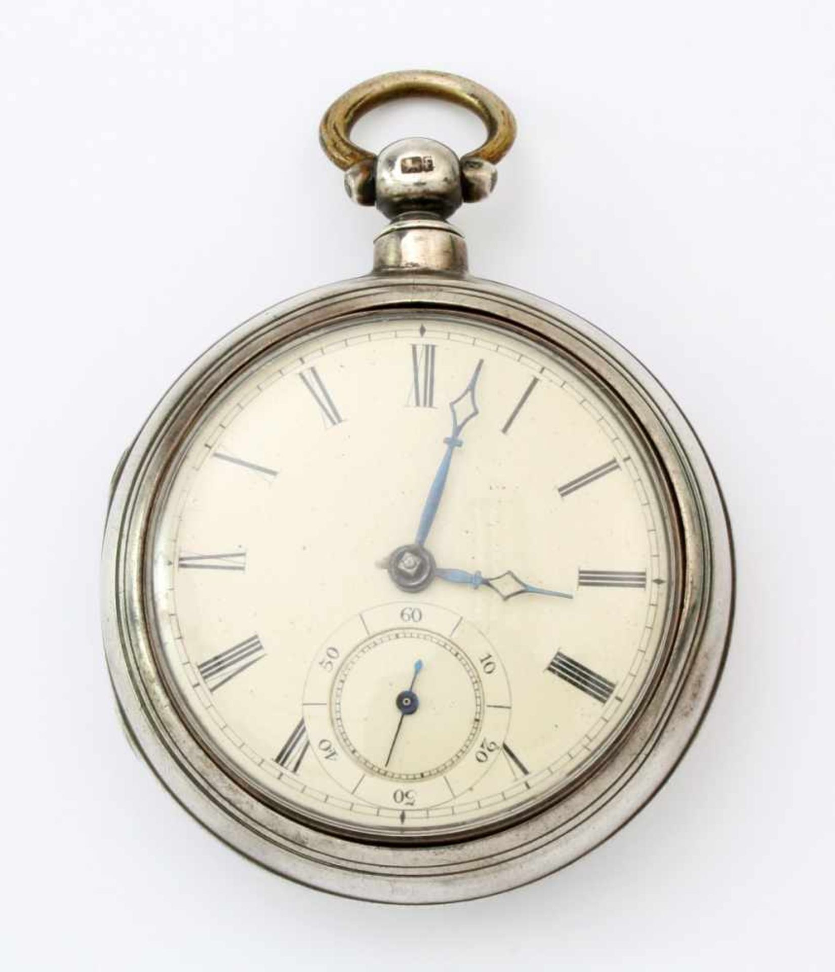 Herren-Taschenuhr um 1860Sterlingsilber, englische Spitzzahnanker-Hemmung mit Schlüsselaufzug über