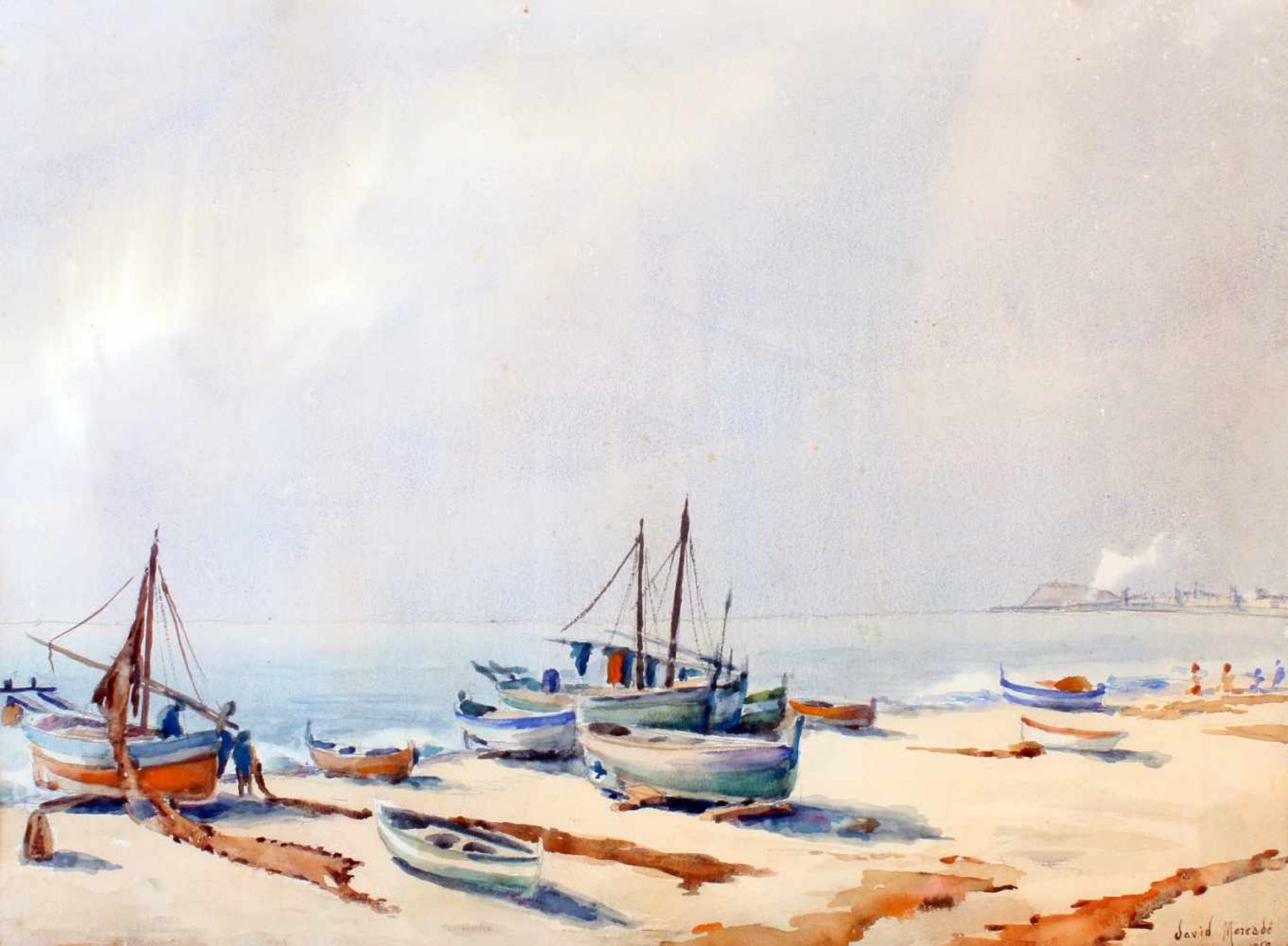 "Fischerboote am Strand" - David Mercadé Recasens (20. Jahrhundert)Aquarell auf Papier, unten rechts